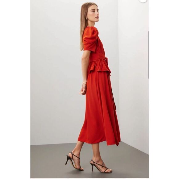Ulla Johnson Midi Marion Dress Womens 2 Red Orange Romantic Feminine Cocktail - Picture 2 of 14